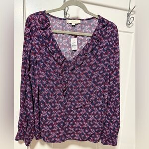 LOFT Ruffled Floral Top in Purple and Pink